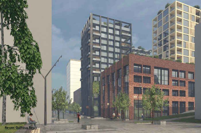 Gullhaug torg 1 utvikles til å bli et fullblods ombruks- og gjenbruksbytt. Utbygger: Avantor. Arkitekt og ill.: MAD